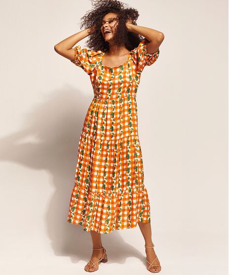 Vestido-Feminino-EMI-Beachwear-Estampado-Picnic-Midi-com-Manga-Bufante-e-Decote-Reto-Laranja-9963024-Laranja_1