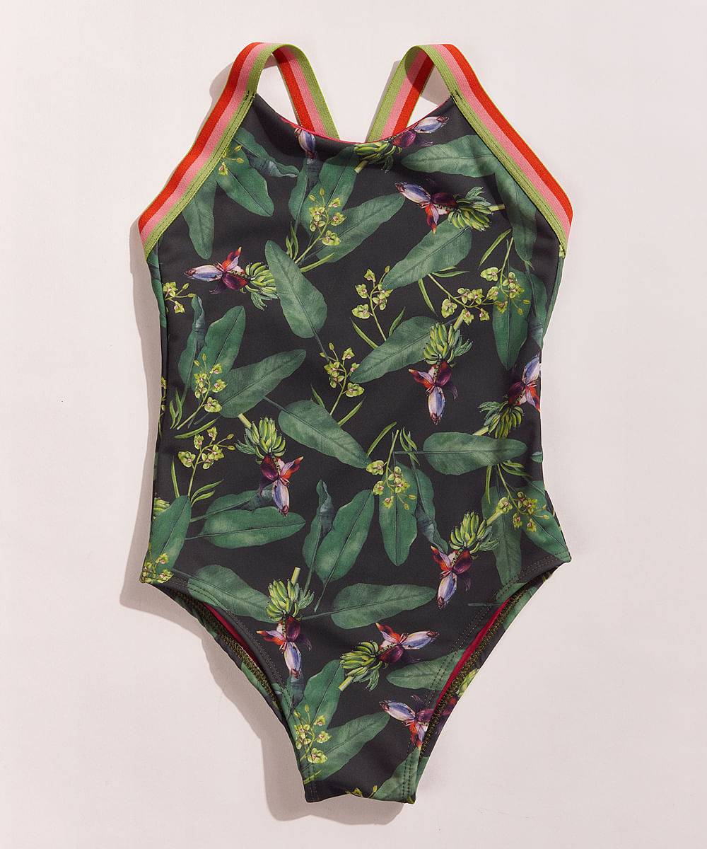 Maiô Infantil EMI Beachwear Estampado Bananeiras com Proteção UV50+ Verde Escuro