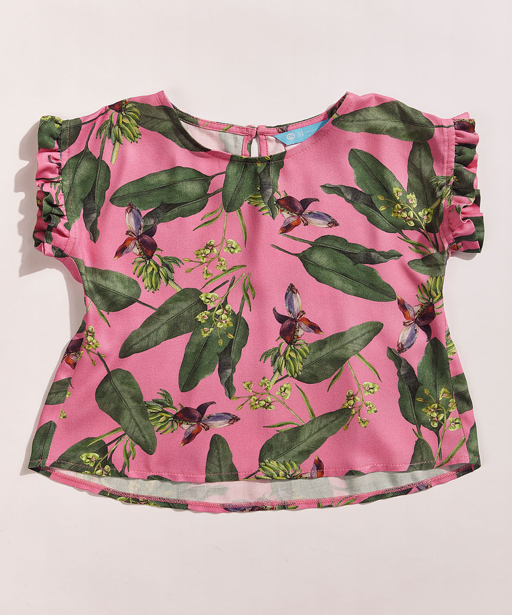 Blusa Infantil EMI Beachwear Ampla Estampada Bananeiras Manga Curta com Babados Rosa