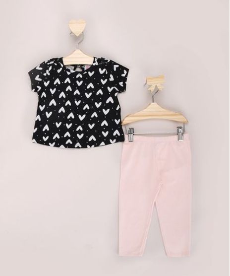 Conjunto-Infantil-de-Blusa-Estampada-de-Coracoes-Manga-Curta-Preta---Calca-Legging-Rosa-9945867-Rosa_1
