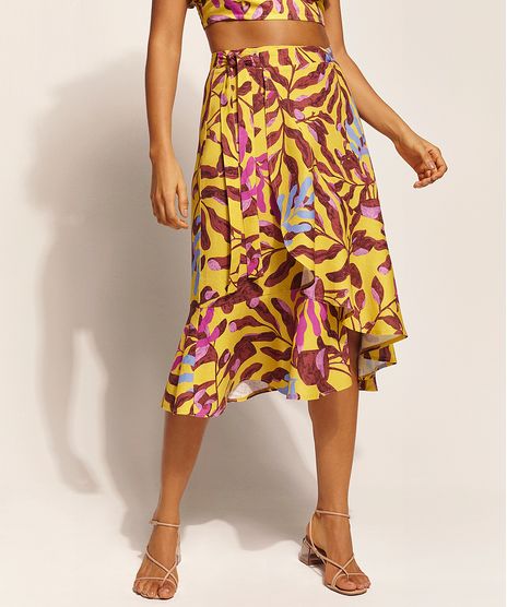 Saia-Feminina-EMI-Beachwear-Midi-Estampada-Folhagem-Meninas-Transpassada-com-Babado-Mostarda-9963073-Mostarda_1