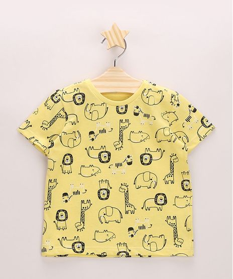 Camiseta-Infantil-Estampado-de-Animais-Manga-Curta-Gola-Careca-Amarela-9963736-Amarelo_1