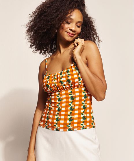 Regata-Feminina-EMI-Beachwear-Estampada-Picnic-com-Franzido-Alca-Fina-Decote-Redondo-Laranja-9964272-Laranja_1