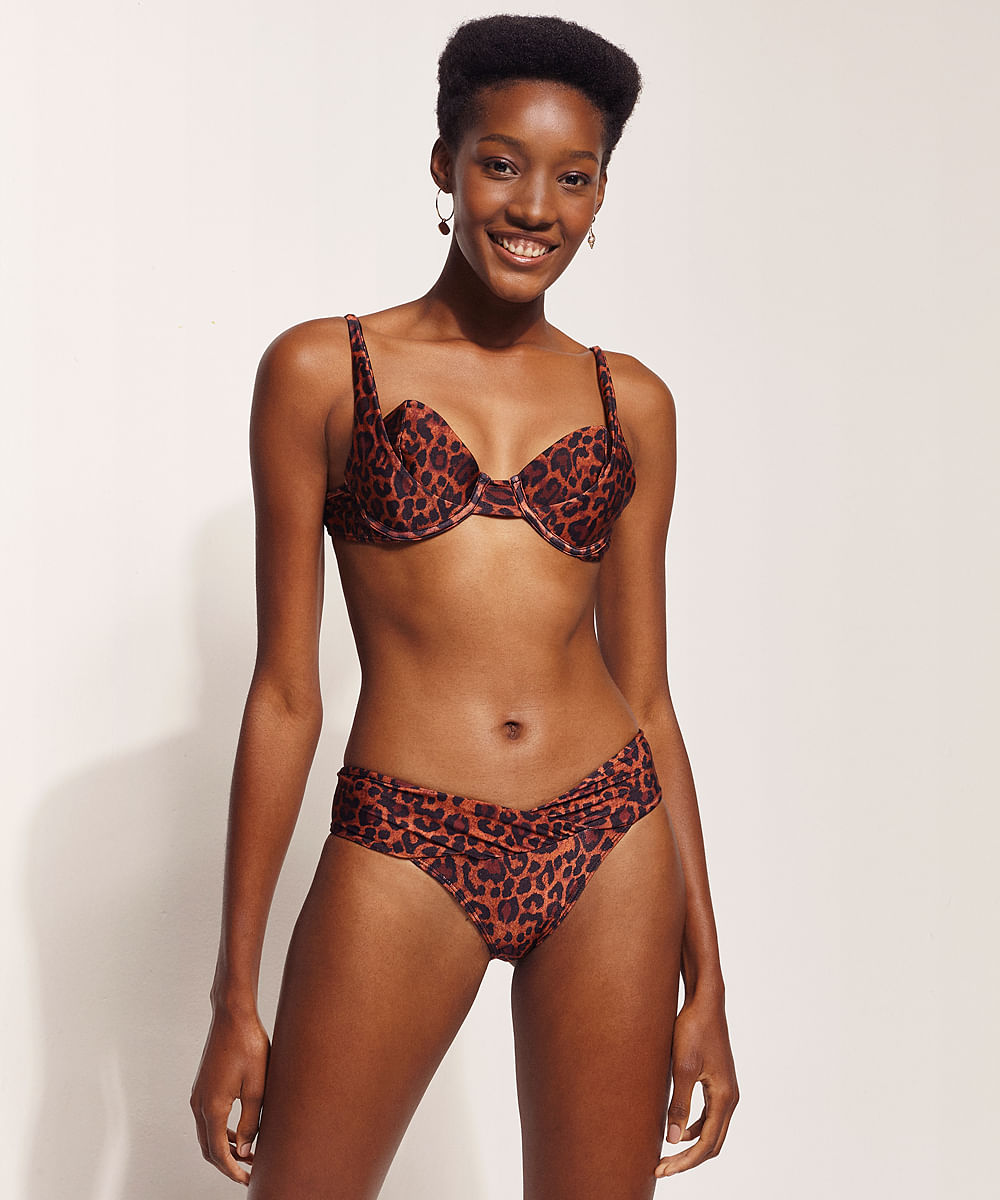 Biquíni Top Hype Beachwear Meia Taça Estampado Animal Print Onça com Bojo e Aro Proteção UV50+ Caramelo