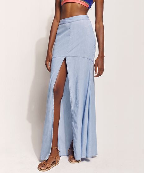 Saia-Jeans-Feminina-Hype-Beachwear-Longa-com-Recorte-e-Fenda-Azul-Claro-9970327-Azul_Claro_1