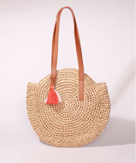 Bolsa-de-Ombro-Feminina-em-Palha-Redonda-Grande-com-Alca-e-Tassel-Bege-Claro-9957956-Bege_Claro_1
