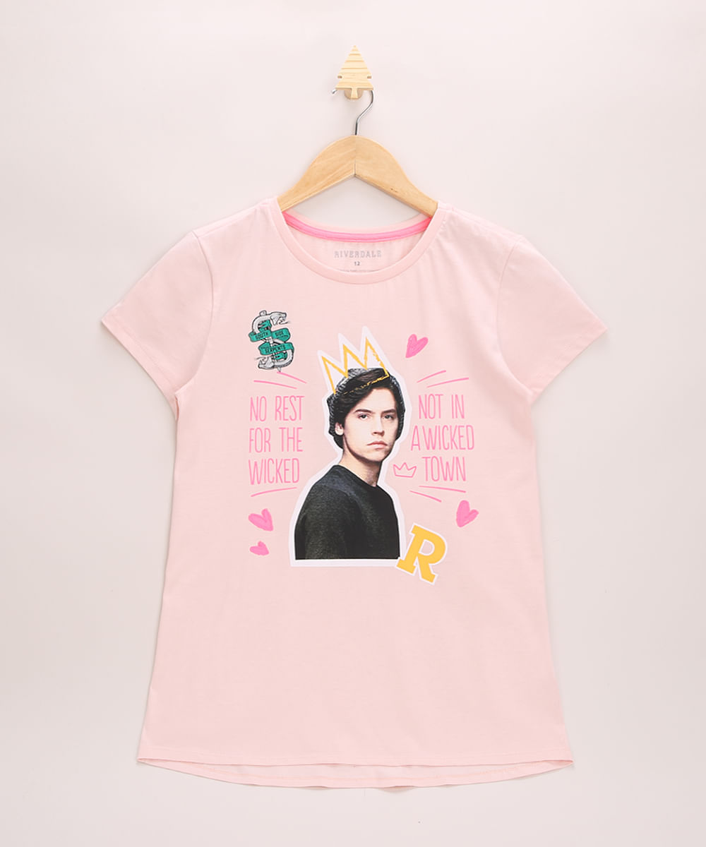 Blusa Juvenil Riverdale com Bordado Manga Curta Decote Redondo Rosa Claro