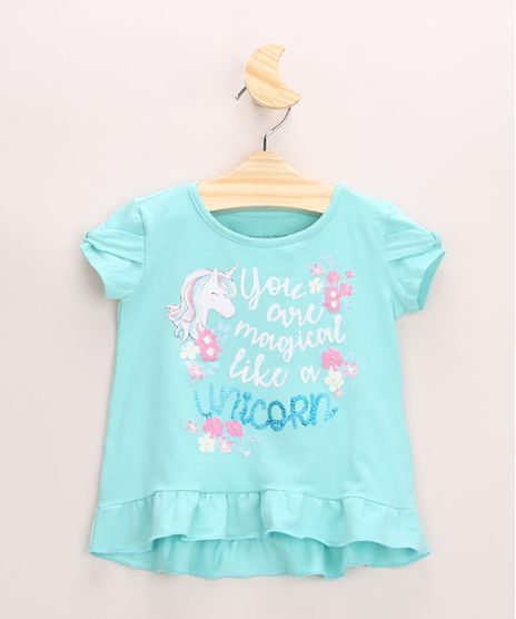 Blusa-Infantil-Unicornio--You-Are-Magical--com-Babado-Manga-Curta-Decote-Redondo-Verde-9955742-Verde_1