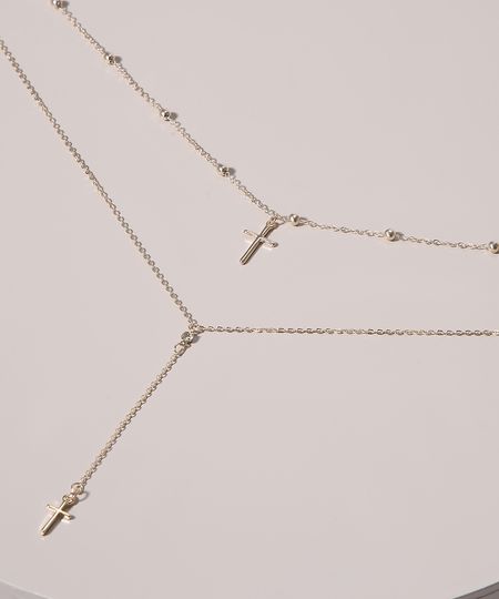 Colar-Feminino-Duplo-com-Pingente-de-Cruz-Dourado-9972311-Dourado_1