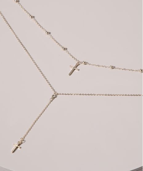 Colar-Feminino-Duplo-com-Pingente-de-Cruz-Dourado-9972311-Dourado_1