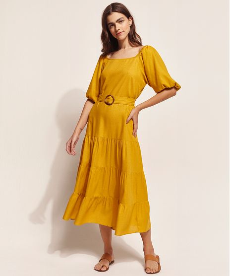 Vestido-Feminino-Ostra-Brasil-Midi-com-Linho-e-Cinto-Manga-Bufante-Mostarda-9963258-Mostarda_1