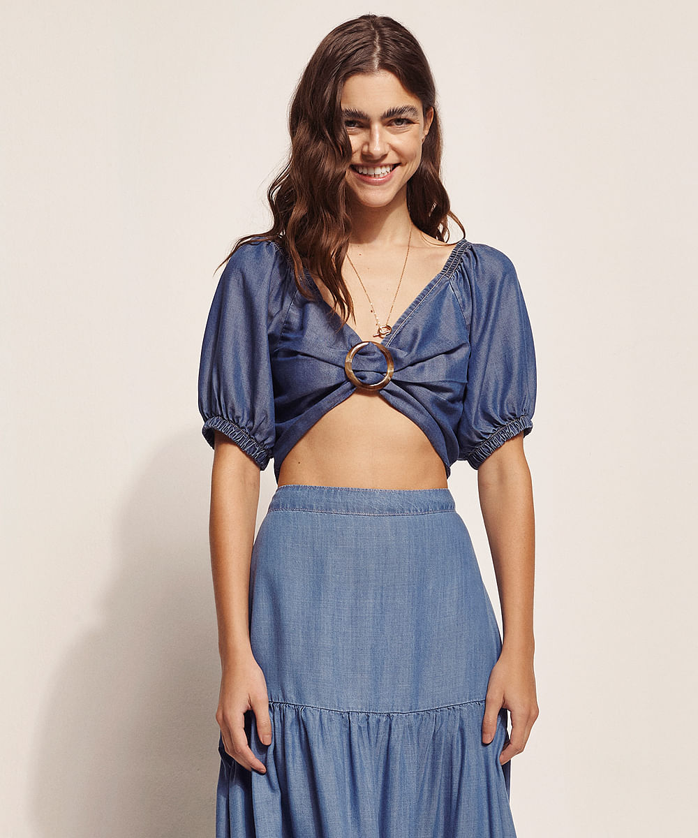 INATIVO - VENCIMENTO CONTRATO -Blusa Jeans Feminina Ostra Brasil Cropped com Argola Manga Bufante Decote V Azul Médio