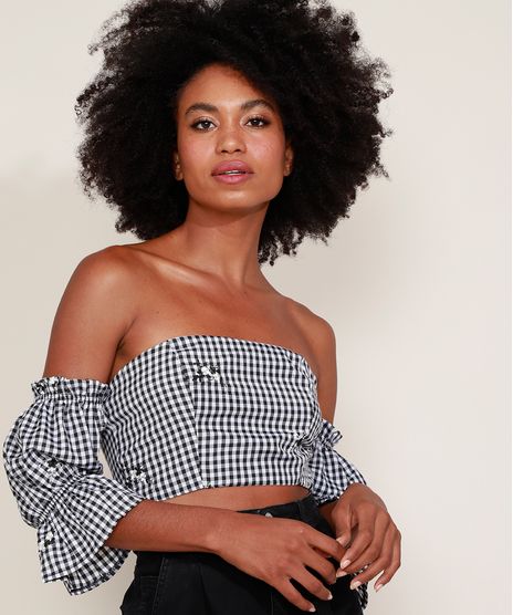 Blusa-Feminina-Mindset-Cropped-Ombro-a-Ombro-Estampada-Xadrez-Vichy-Manga-Bufante-Preta-9974855-Preto_1