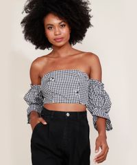 Blusa-Feminina-Mindset-Cropped-Ombro-a-Ombro-Estampada-Xadrez-Vichy-Manga-Bufante-Preta-9974855-Preto_5