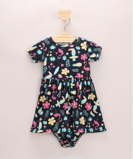 Vestido-Infantil-Estampado-Floral-e-Flamingos-Manga-Curta---Calcinha-Azul-Marinho-9976614-Azul_Marinho_1