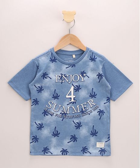 Camiseta-Infantil--Enjoy-Summer--Estampada-de-Coqueiros-Manga-Curta-Azul-9968342-Azul_1