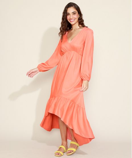 Vestido-Feminino-Longo-com-Babado-Manga-Bufante-Coral-9963625-Coral_1