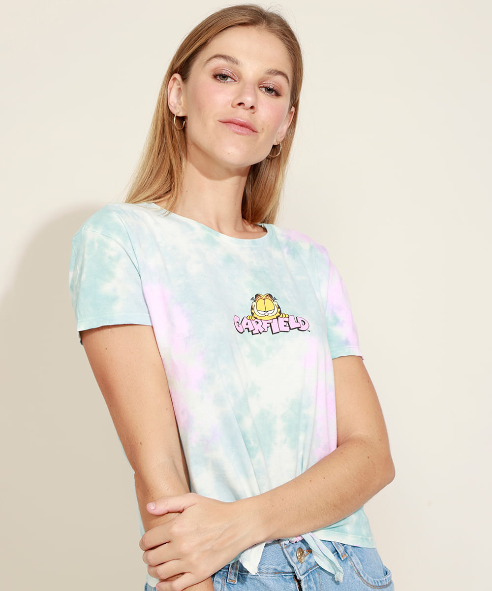 Blusa Feminina Garfield Estampada Tie Dye Manga Curta Decote Redondo Multicor