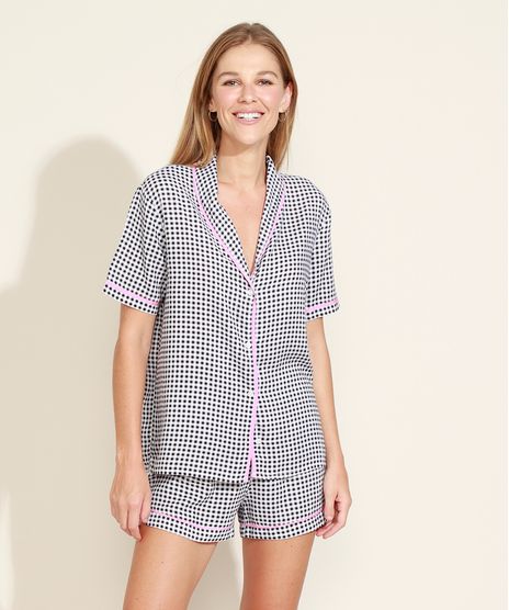 Pijama-Feminino-Camisa-Estampado-Xadrez-com-Vies-Contrastante-Manga-Curta-Preta-9970114-Preto_1