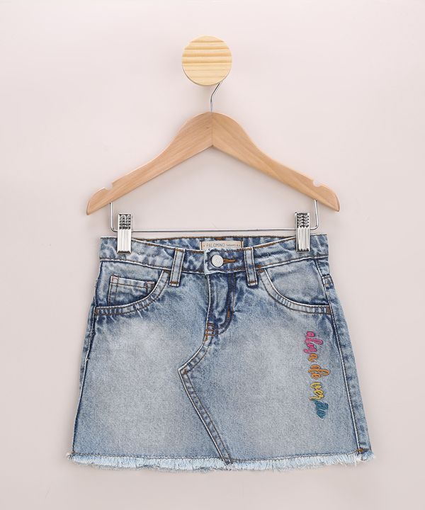 Saia Jeans Infantil Feline com Bordado Barra Desfiada Azul Médio 4