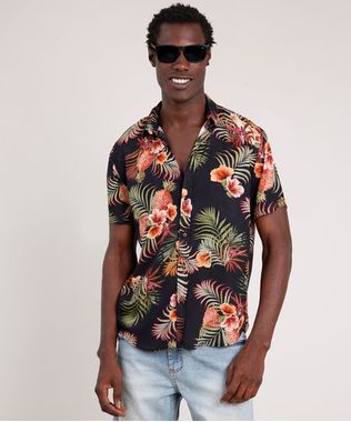Camisa-Masculina-Blueman-Tradicional-Estampada-de-Passaros-e-Folhagens-Manga-Curta-Preto-9727433-Preto_1