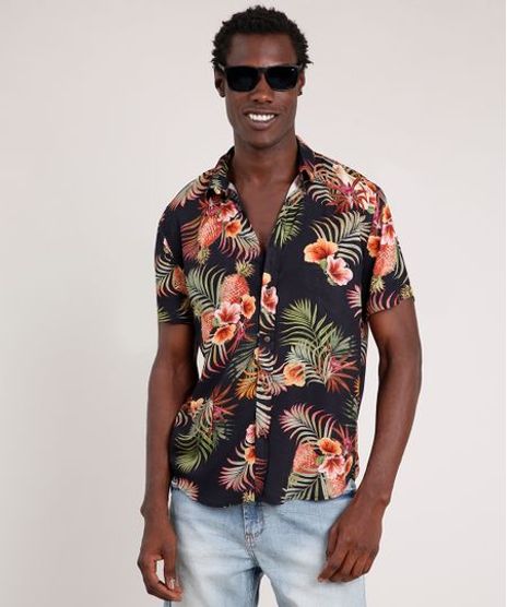 Camisa-Masculina-Blueman-Tradicional-Estampada-de-Passaros-e-Folhagens-Manga-Curta-Preto-9727433-Preto_1
