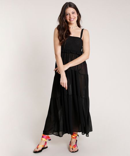 Vestido Feminino Triya Midi Estampado Animal Print Onça com Babado Alça Média Preto G