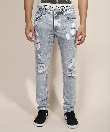calça jeans slim destroyed
