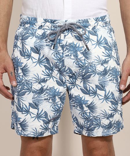 Bermuda-de-Sarja-Masculina-Reta-Estampada-de-Folhagem-com-Cordao-Off-White-9966718-Off_White_1