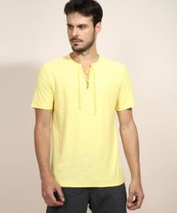 Camiseta-Masculina-com-Amarracao-Manga-Curta-Gola-V-Amarela-9968468-Amarelo_1