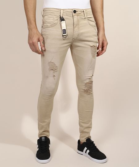 Calca-de-Sarja-Masculina-Super-Skinny-Destroyed-com-Chaveiro-Kaki-9968747-Kaki_1