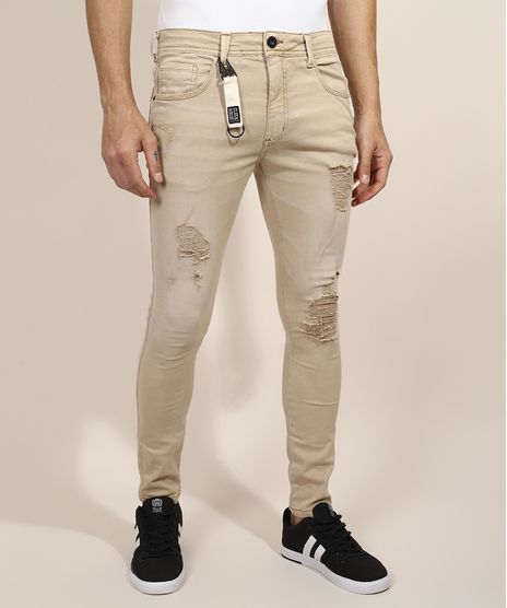 Calca-de-Sarja-Masculina-Super-Skinny-Destroyed-com-Chaveiro-Kaki-9968747-Kaki_1