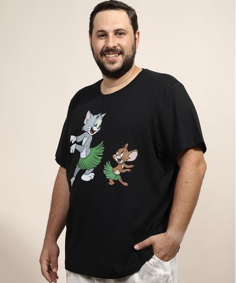Camiseta-Masculina-Plus-Size-Tom-e-Jerry-Hula-Manga-Curta-Gola-Careca-Preta-9968114-Preto_1