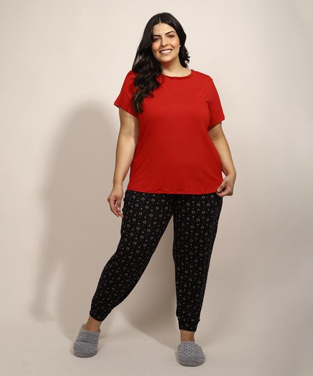 Pijama-Feminino-Plus-Size-com-Estampa-Mini-Print-de-Coracoes-Manga-Curta-Vermelho-9971251-Vermelho_1