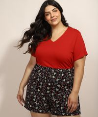 Pijama-Feminino-Plus-Size-com-Estampa-Floral-Manga-Curta-Preto-9971252-Preto_1