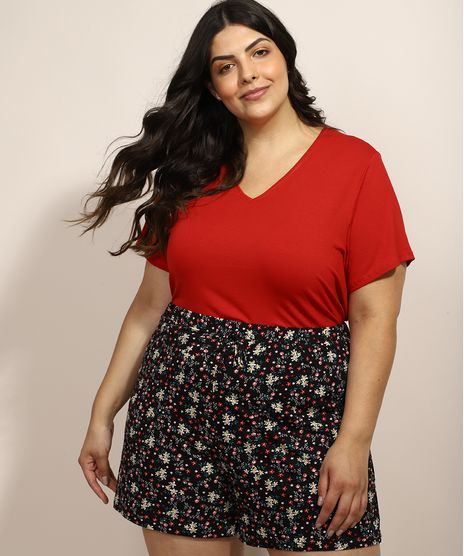 Pijama-Feminino-Plus-Size-com-Estampa-Floral-Manga-Curta-Preto-9971252-Preto_1