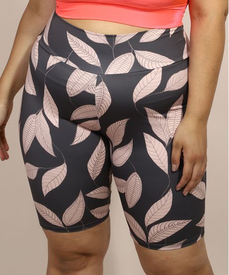 Bermuda-Feminina-Plus-Size-Esportiva-Ace-Cintura-Super-Alta-Estampada-de-Folhagem-Chumbo-9975205-Chumbo_1