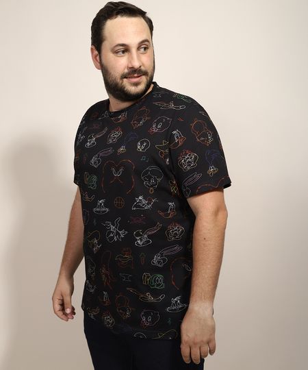 Camiseta-Masculina-Plus-Size-Looney-Tunes-Estampada-Manga-Curta-Gola-Careca-Preta-9968102-Preto_1