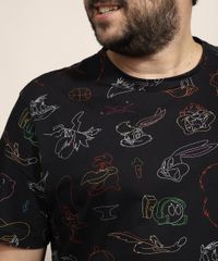Camiseta-Masculina-Plus-Size-Looney-Tunes-Estampada-Manga-Curta-Gola-Careca-Preta-9968102-Preto_4