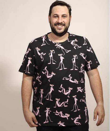 Camiseta-Masculina-Plus-Size-Pantera-Cor-de-Rosa-Estampada-Manga-Curta-Gola-Careca-Preta-9968105-Preto_1