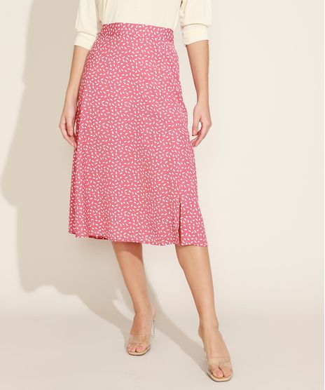 Saia-Feminina-Midi-Estampada-de-Folhas-com-Fenda-e-Elastico-Rosa-Escuro-9947371-Rosa_Escuro_1