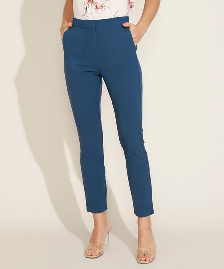 Calça Feminina Reta Alfaiatada Cintura Média com Bolsos Azul Escuro - 36 Menor preço em Calça Feminina Reta Alfaiatada Cintura Média com Bolsos Azul Escuro - 36