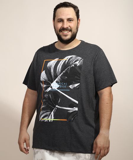Camiseta-Masculina-Plus-Size-Folhas--Tropical-Paradise--Manga-Curta-Gola-Careca-Cinza-Mescla-Escuro-9967395-Cinza_Mescla_Escuro_1