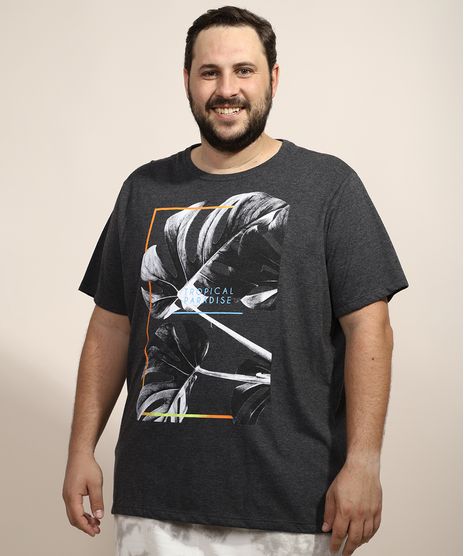 Camiseta-Masculina-Plus-Size-Folhas--Tropical-Paradise--Manga-Curta-Gola-Careca-Cinza-Mescla-Escuro-9967395-Cinza_Mescla_Escuro_1