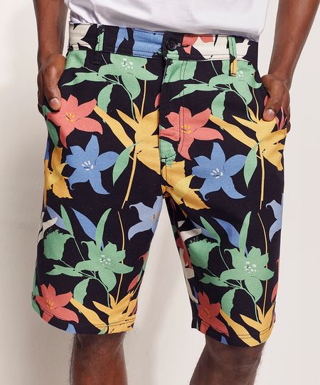 Bermuda-Masculina-de-Sarja-Tal-Pai-Tal-Filho-Pipe-Floral-com-Bolsos-Preta-9970120-Preto_1