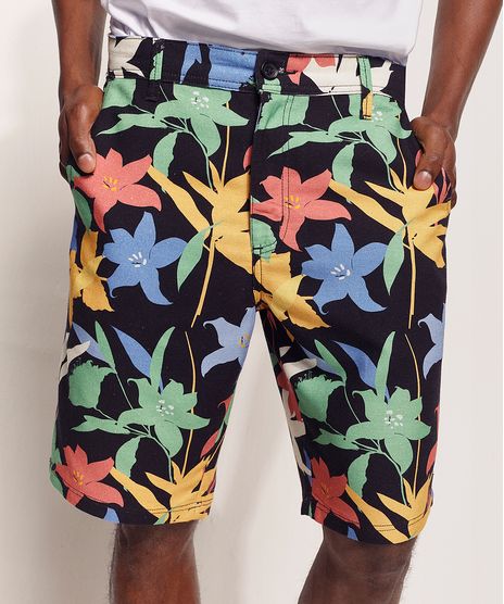 Bermuda-Masculina-de-Sarja-Tal-Pai-Tal-Filho-Pipe-Floral-com-Bolsos-Preta-9970120-Preto_1