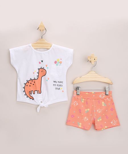 Conjunto-Infantil--Dinossauro-com-No-Manga-Curta-Branca---Short-Estampado-Floral-Laranja-9968286-Laranja_1