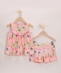 Conjunto-Infantil-Texturizado-Estampado-de-Flamingos-Blusa-Alca-Larga---Short-com-Pregas-Rosa-9966540-Rosa_1