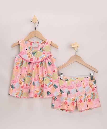 Conjunto-Infantil-Texturizado-Estampado-de-Flamingos-Blusa-Alca-Larga---Short-com-Pregas-Rosa-9966540-Rosa_1