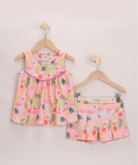 Conjunto-Infantil-Texturizado-Estampado-de-Flamingos-Blusa-Alca-Larga---Short-com-Pregas-Rosa-9966540-Rosa_1